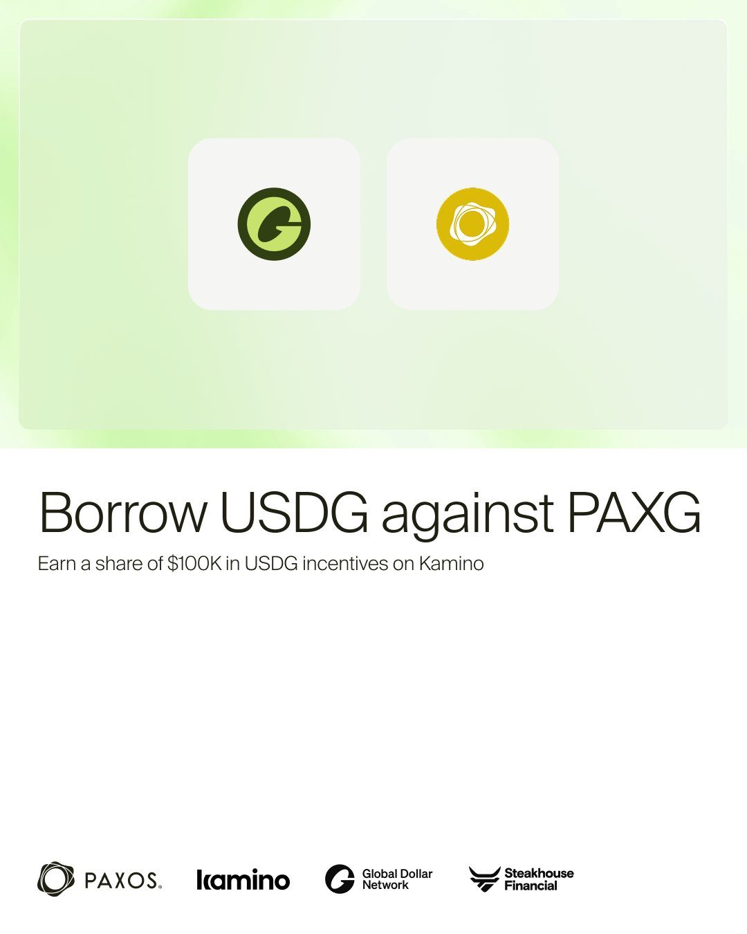 Paxos graphic. PAXG market. One hundred thousand dollars in USDG rewards, over three months, on Kamino.